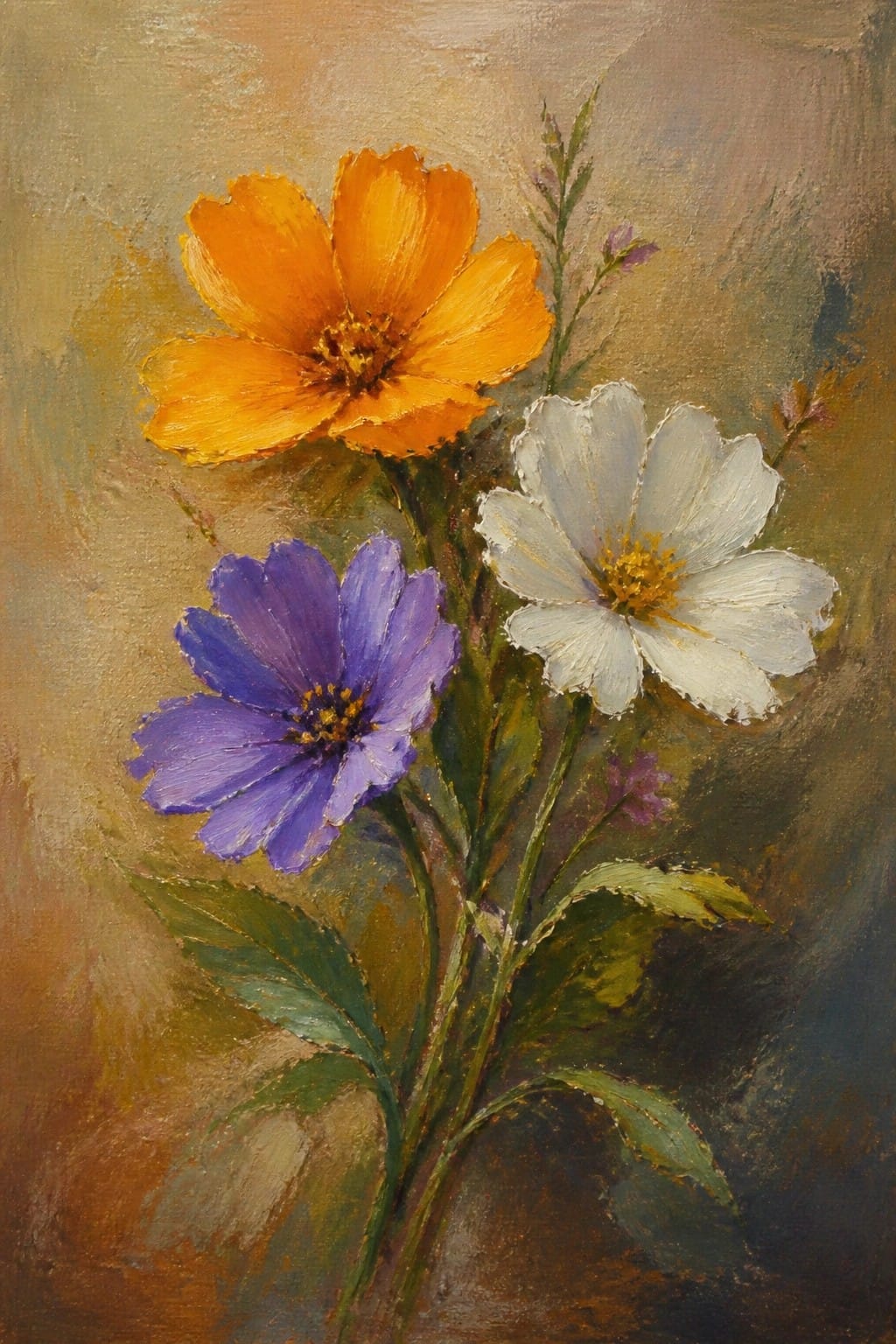 Oil painting of orange, purple, and white flowers with green stems and leaves