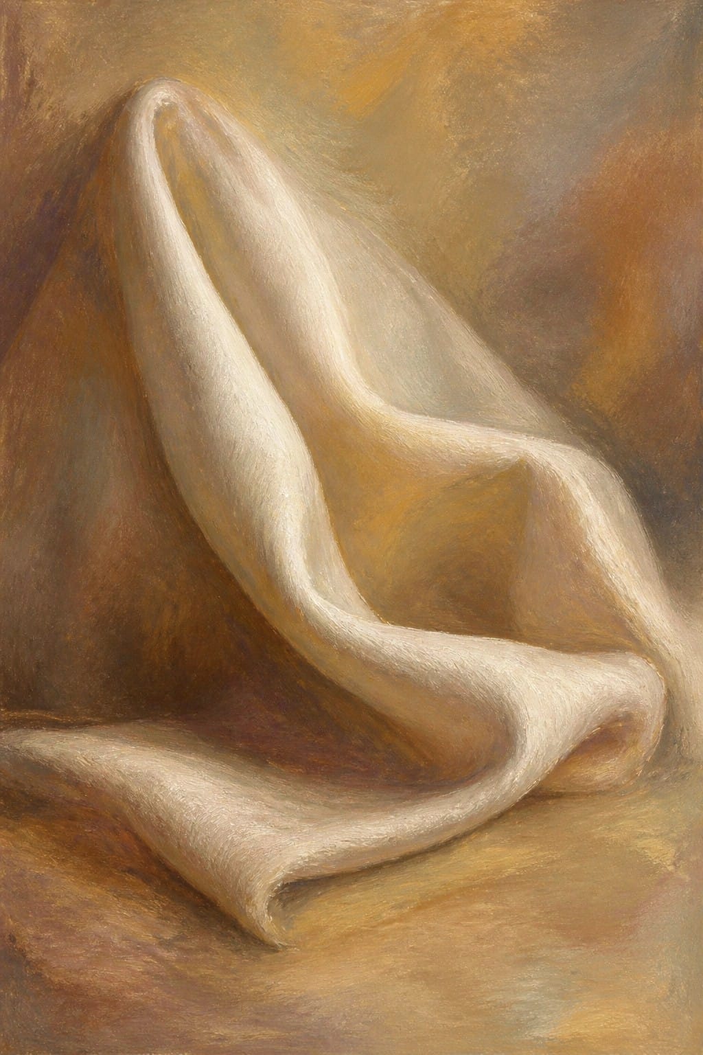 Flowing white fabric with soft folds against a warm brown background