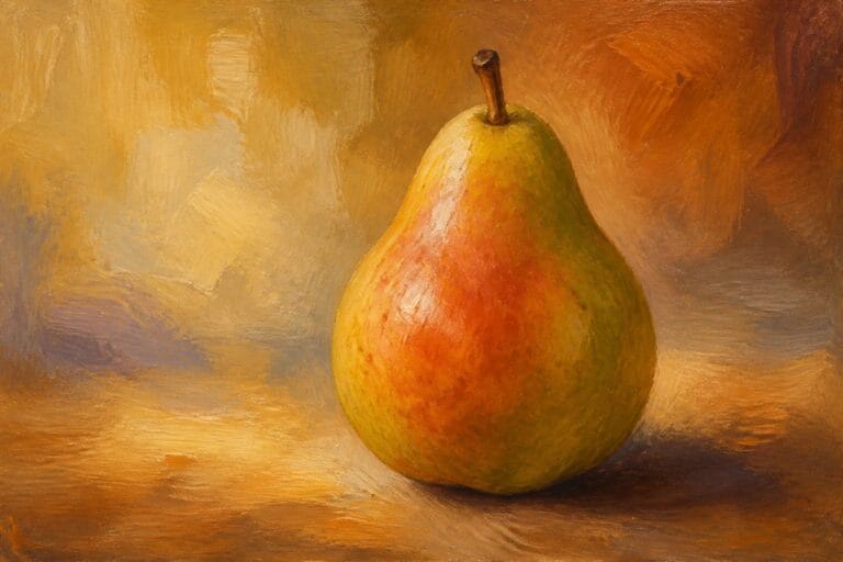 22 Easy Oil Painting Ideas for Beginners Practicing Simple Shapes and Soft Blending Yellow pear with red-orange blush and stem on wooden surface, oil painting.