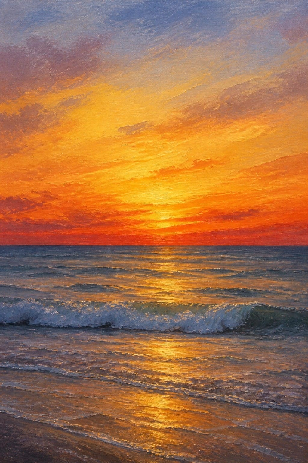 Vibrant ocean sunset painting with golden waves reflecting orange sky light