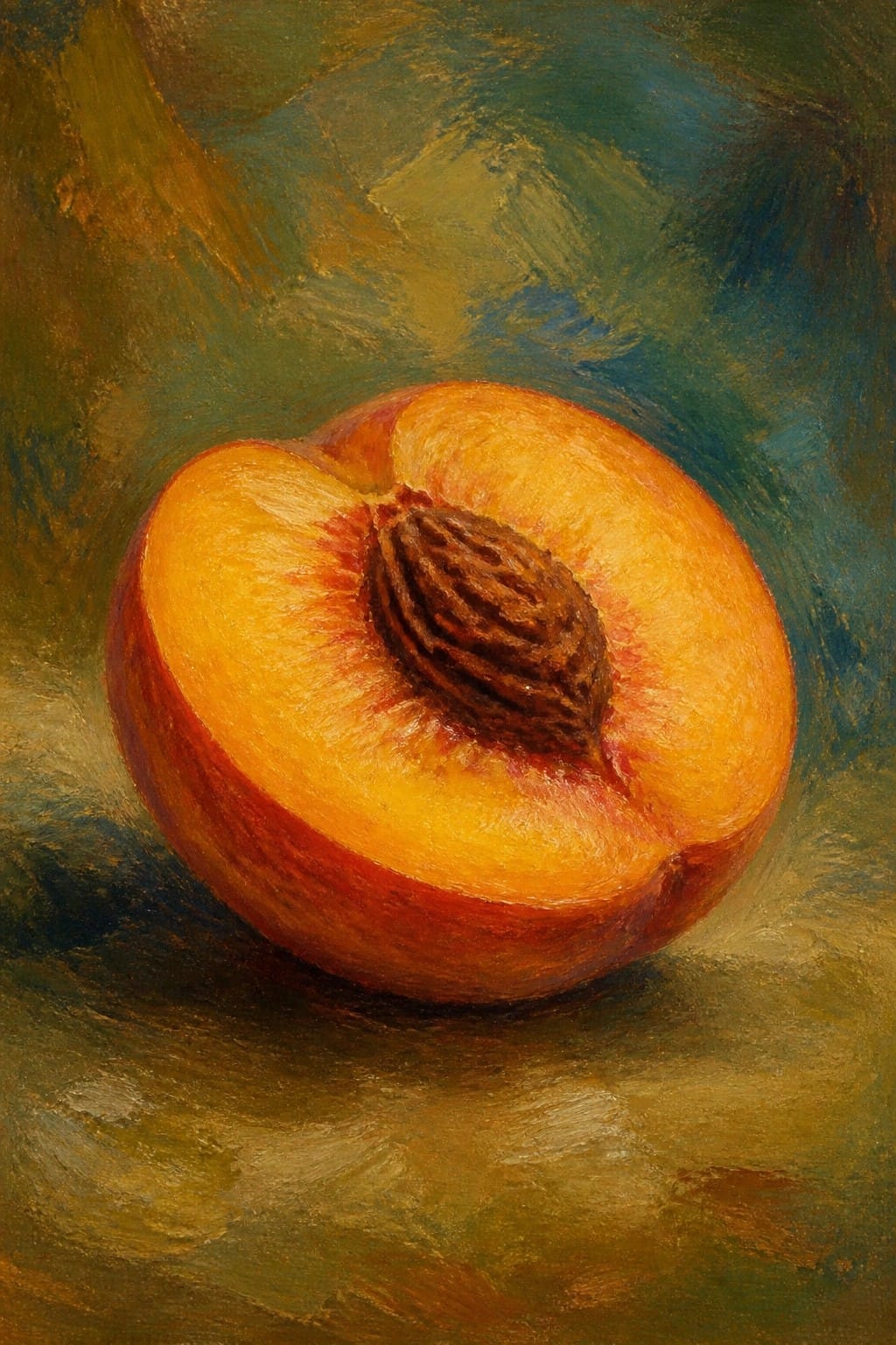 Halved peach with brown pit on abstract green and brown painted surface.