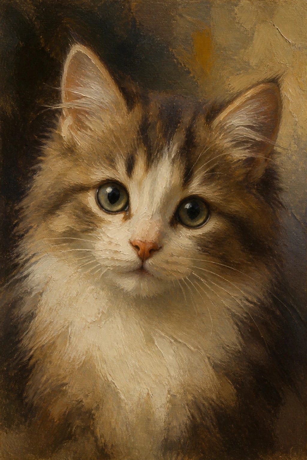 Close-up oil painting of fluffy brown tabby kitten with large green eyes
