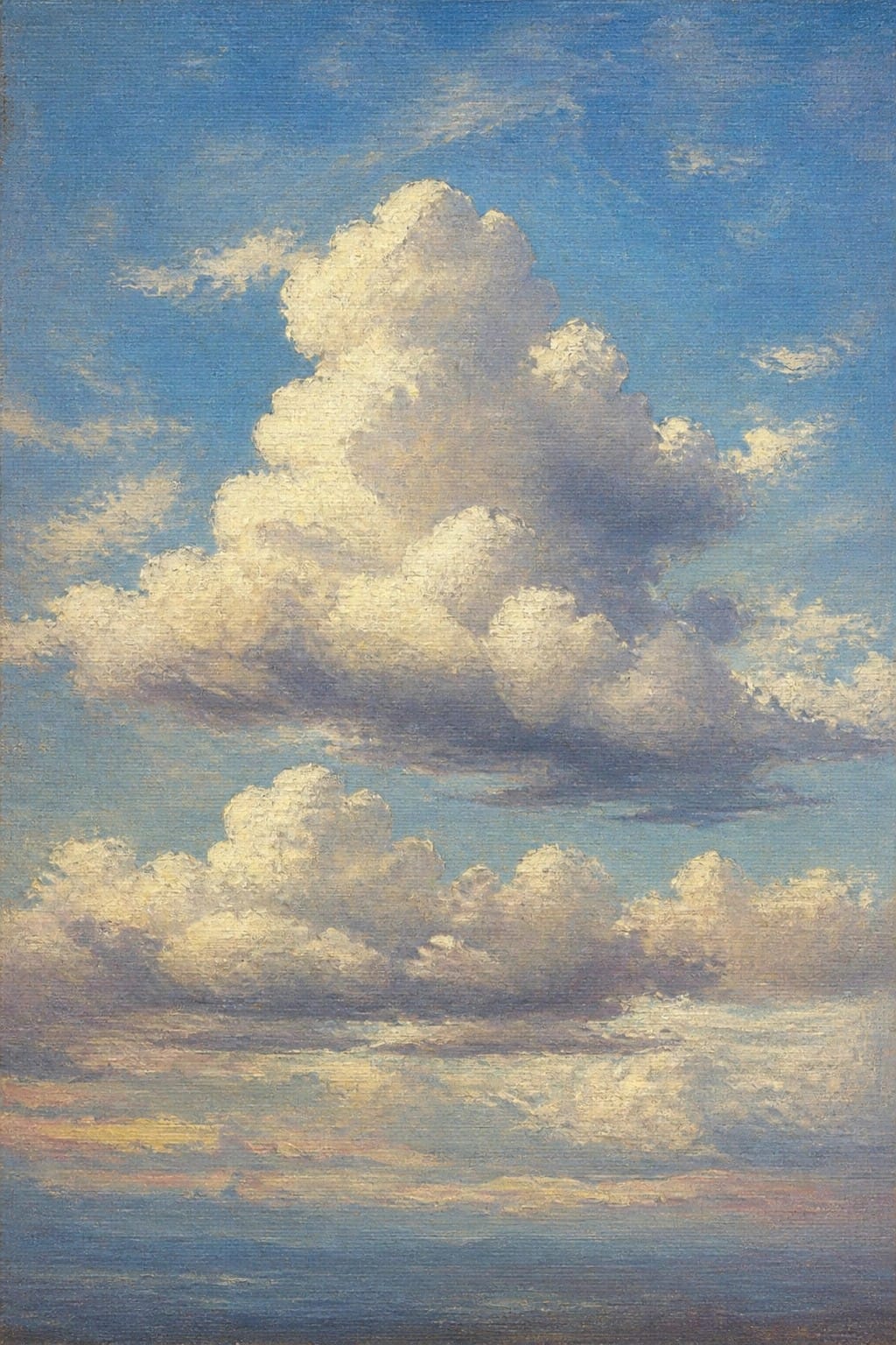 Towering white cumulus clouds in blue sky above layered pink horizon clouds