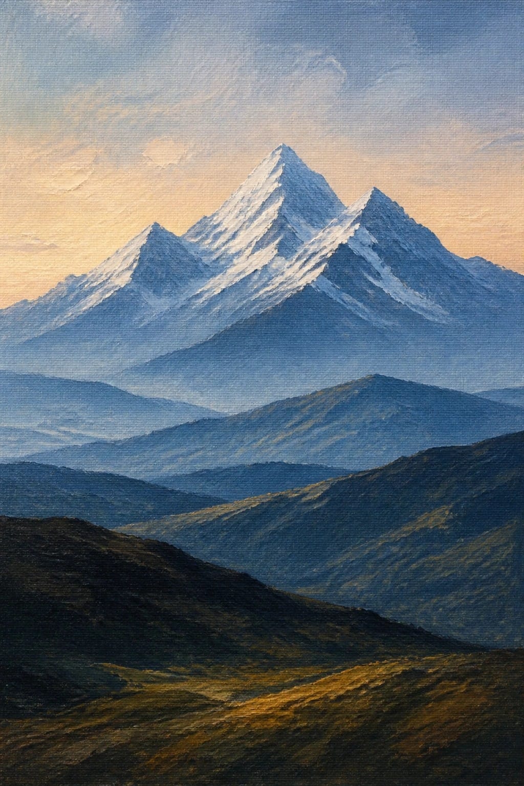 Snow-capped jagged peaks glow above misty blue ridges and dark foreground hills.