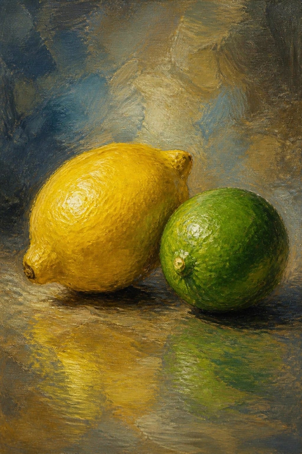 Yellow lemon beside green lime on reflective surface in oil painting
