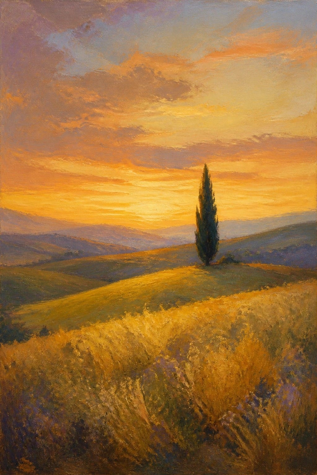 Golden hills at sunset with lone cypress tree under vibrant orange-purple sky.