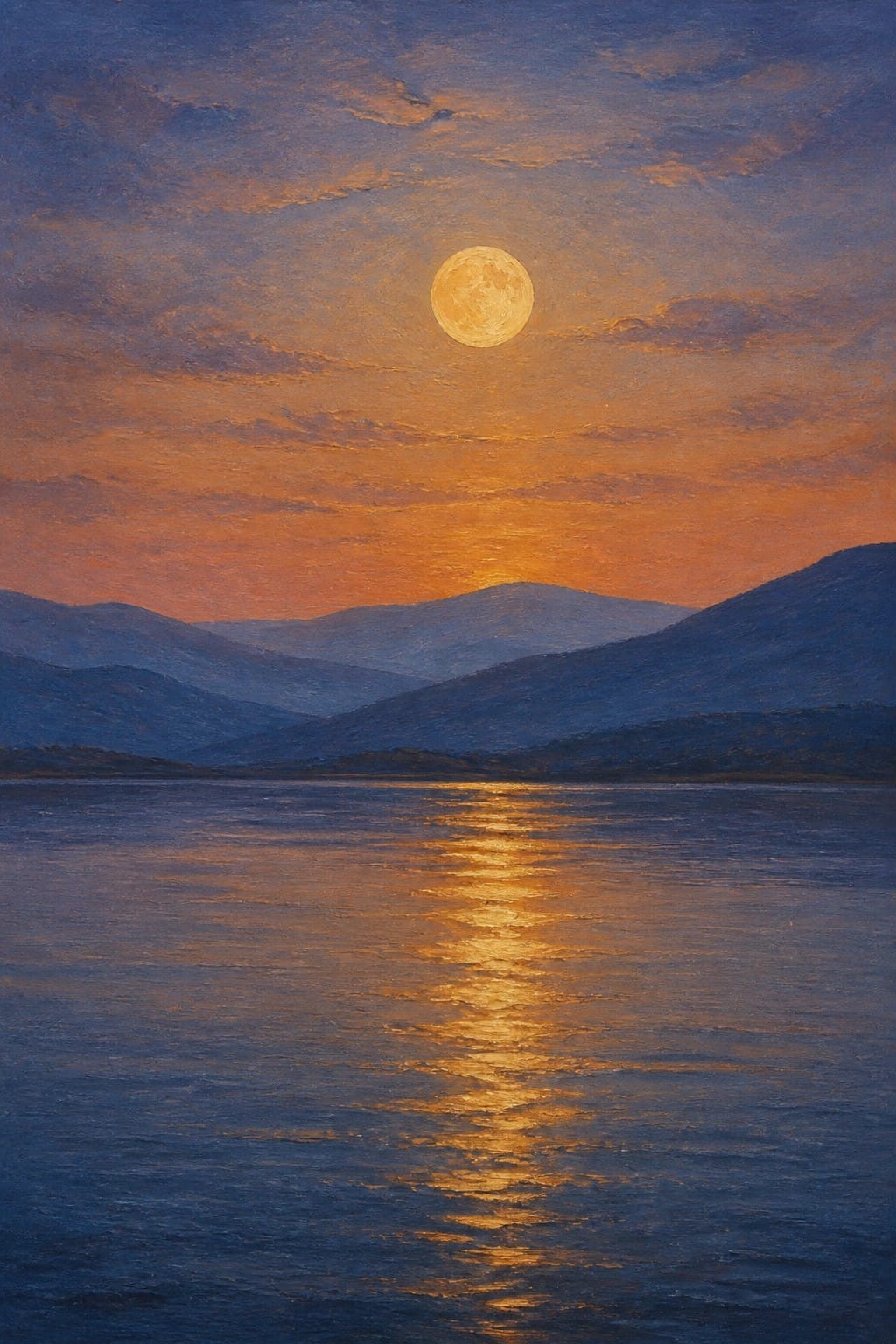 Full moon glowing over silhouetted mountains with golden reflection on calm water at dusk