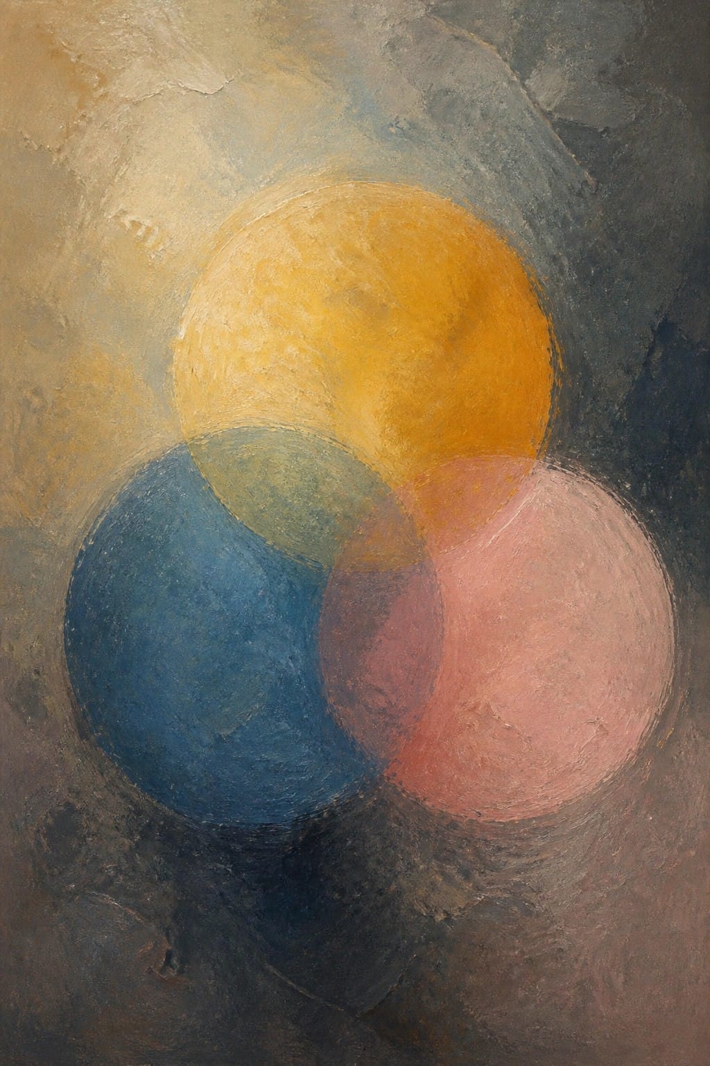 Abstract painting of three overlapping spheres in yellow, blue, and pink.