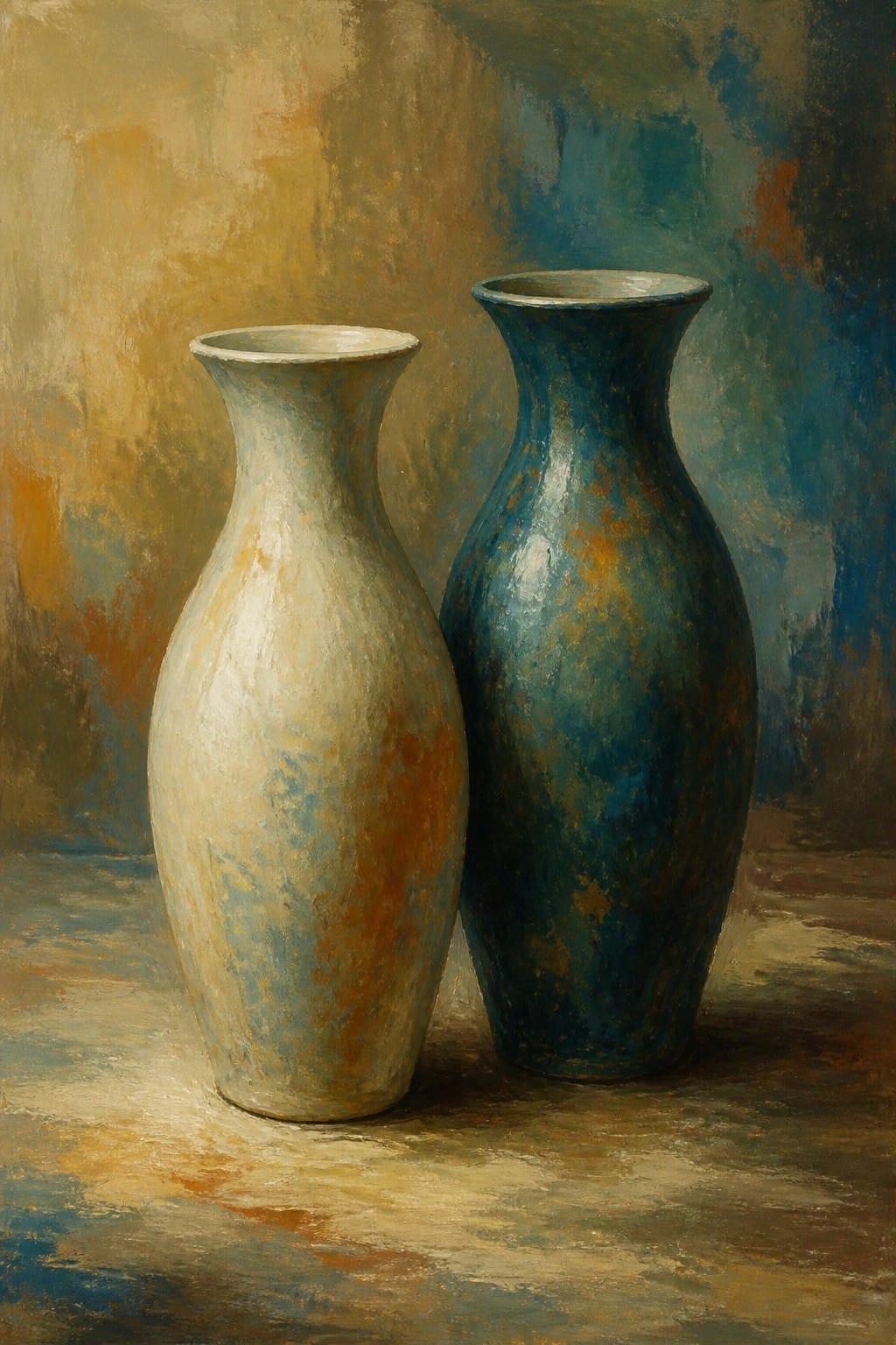Two rustic ceramic vases, beige and deep blue, side by side in painterly style