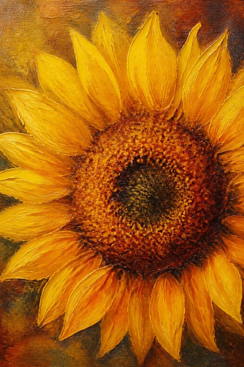 Vibrant yellow sunflower with textured brown center in thickly painted oil style