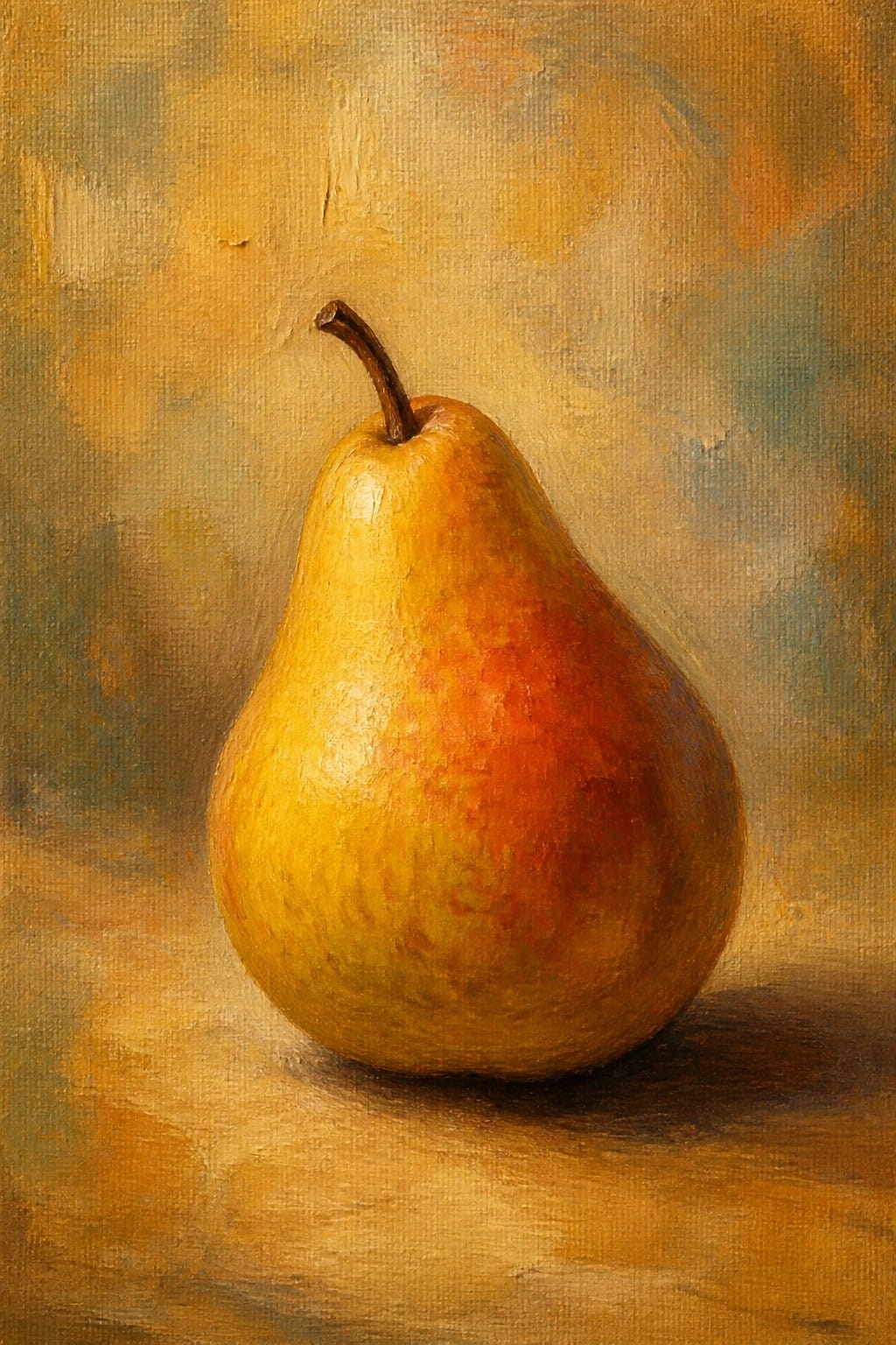Yellow pear with red-orange blush and stem on wooden surface, oil painting.