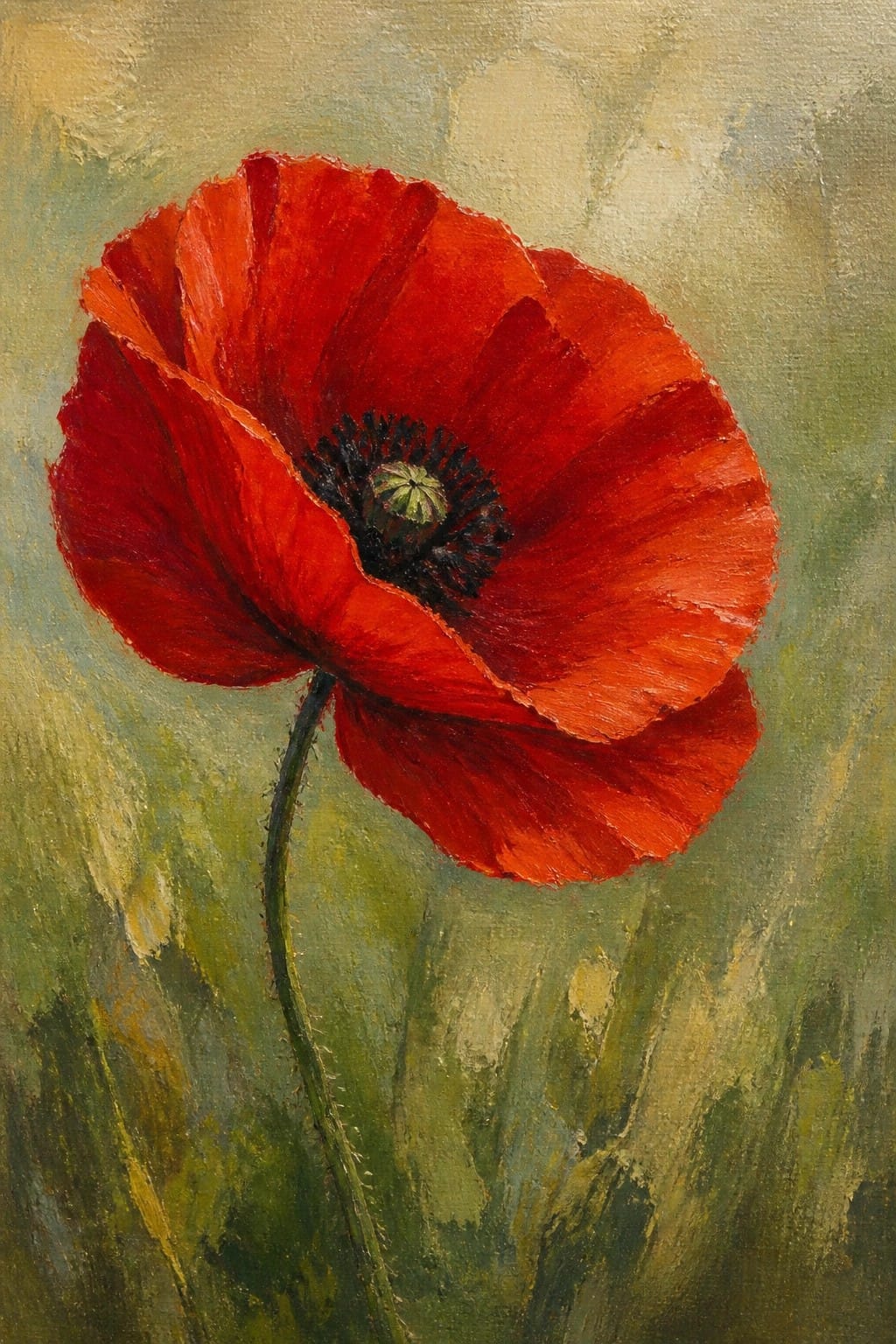 Vibrant red poppy with dark center on slender green stem against muted background.