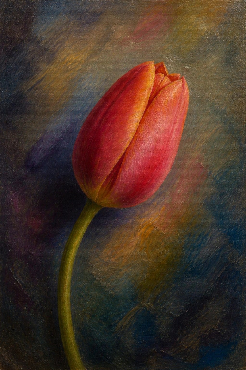 A realistic oil painting of a single red tulip with a green stem against a dark blended background.