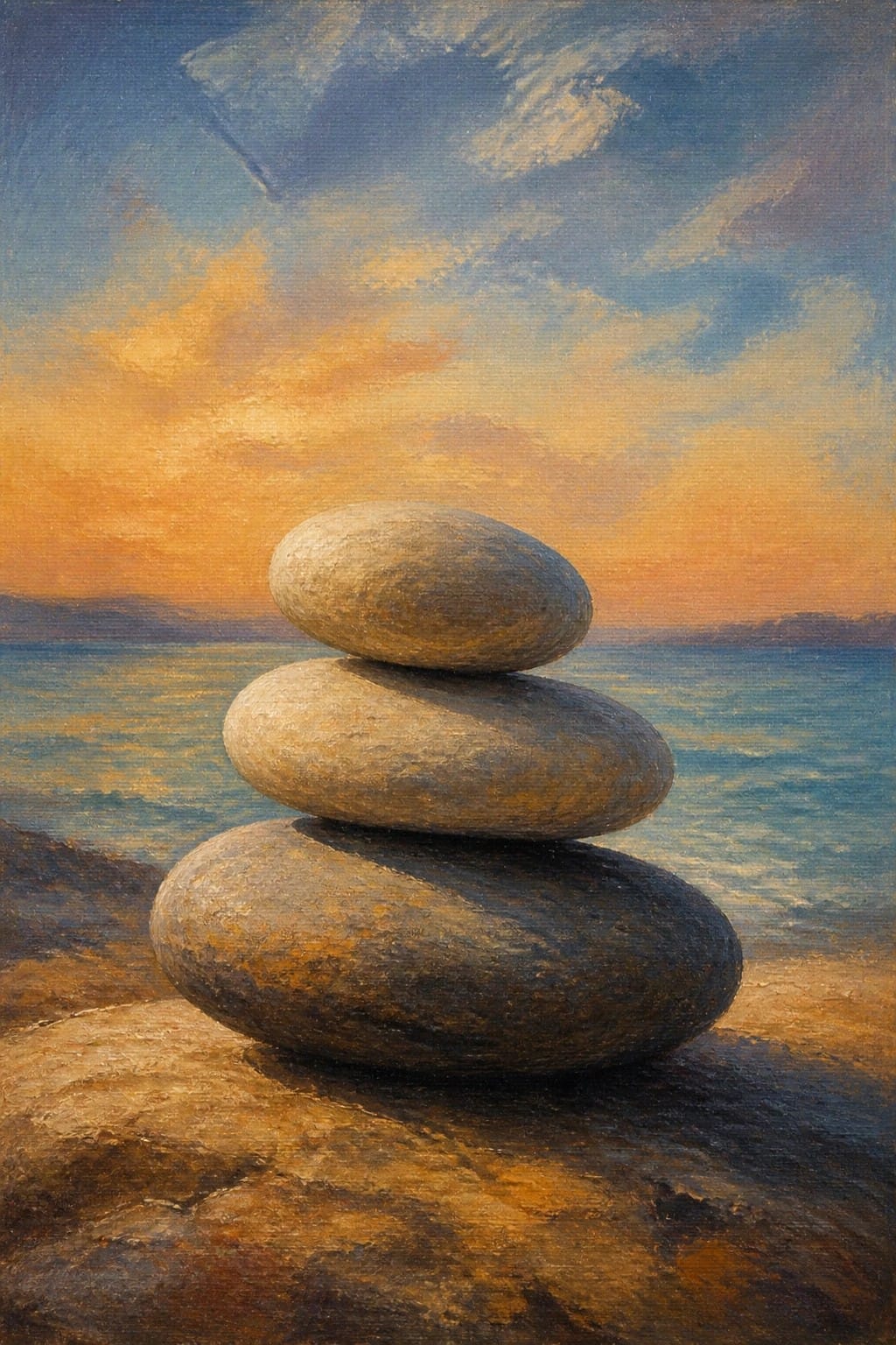 Three stacked stones on rocky shore at vibrant orange sunset over sea