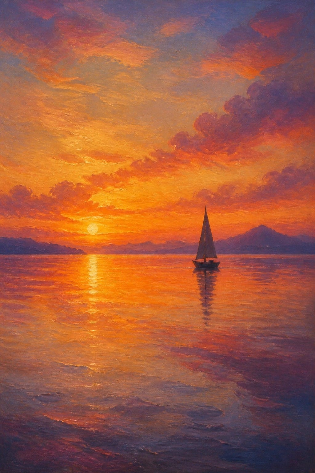 A realistic oil painting of a vibrant orange sunset over calm water with a small sailboat and distant mountains on the horizon.