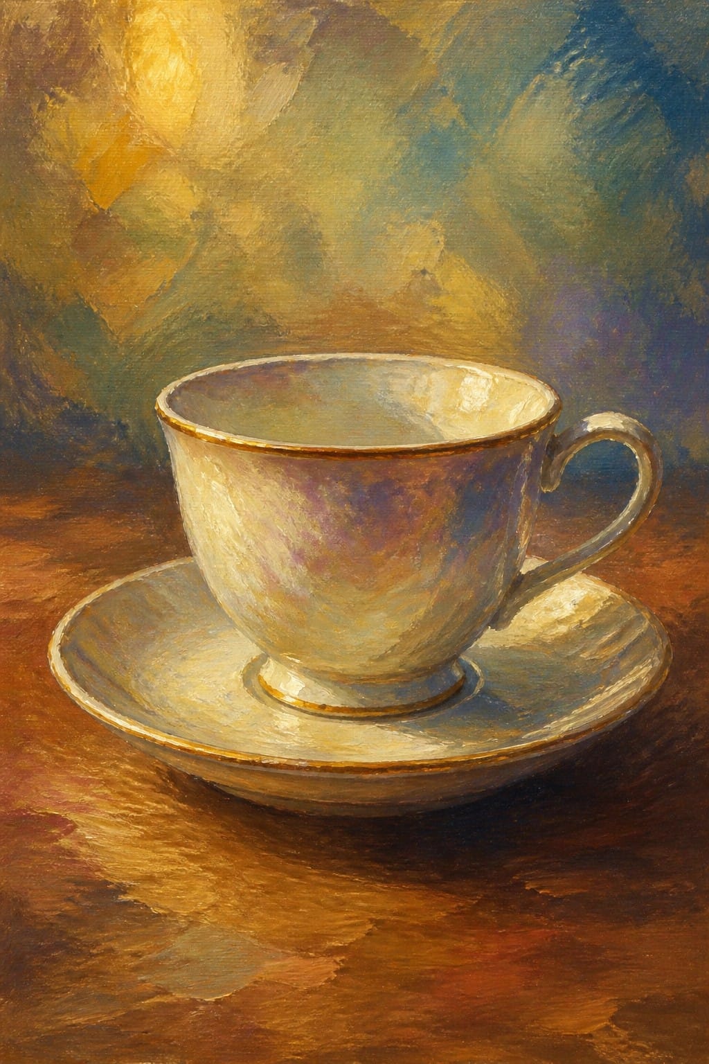 White porcelain teacup with gold rim and handle on matching saucer in warm light