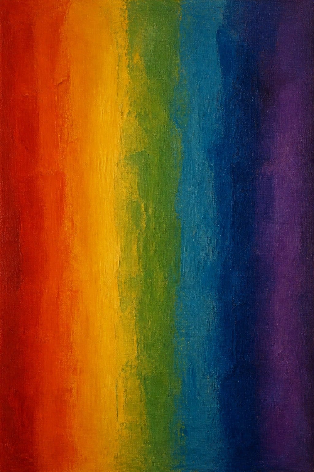 Vertical oil painting showing blended stripes of color from red-orange on the left through yellow and green to blue and purple on the right.