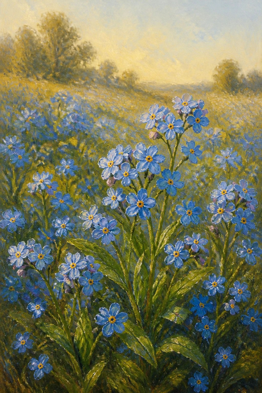 Blue forget-me-not flowers blooming in a sunlit green meadow painting.