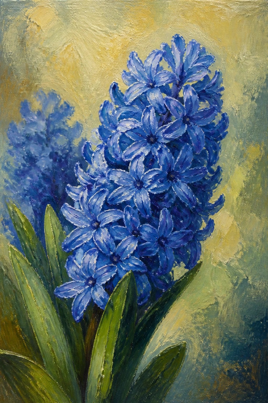 Vivid blue hyacinth flowers with green leaves in a textured oil painting.