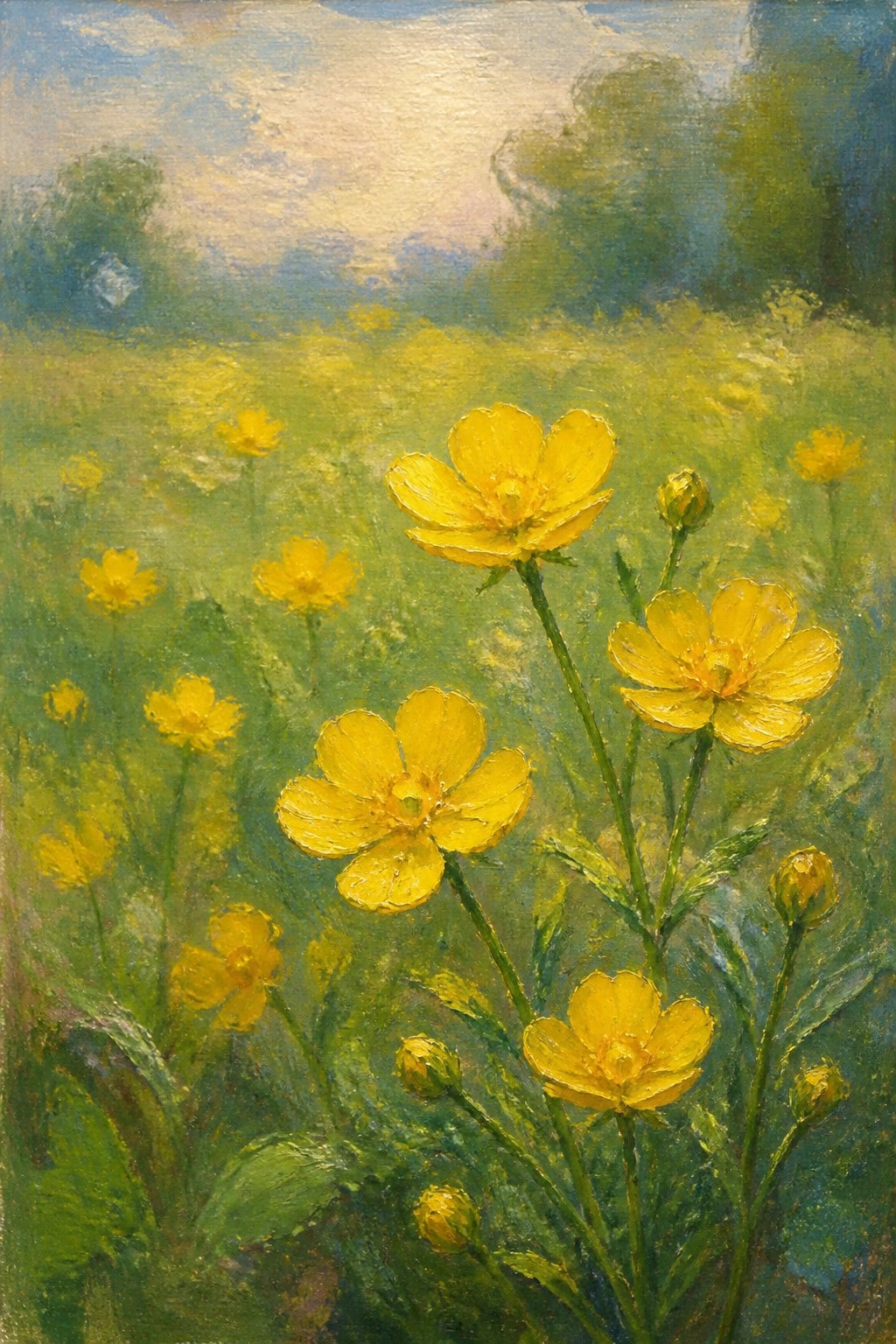 Vibrant yellow wildflowers with green stems blooming in a sunlit meadow painting