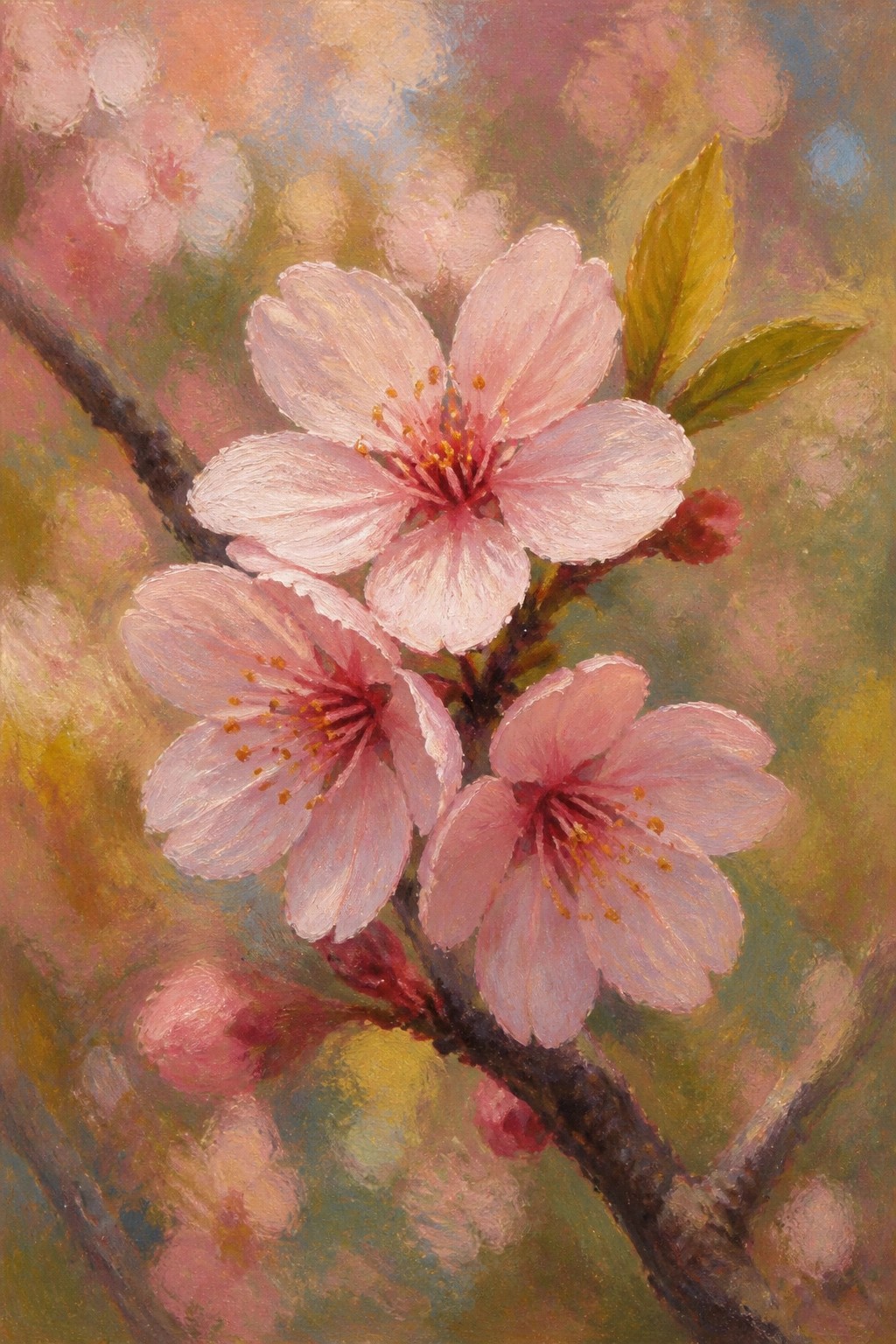 Pink cherry blossoms with yellow stamens on a dark branch amid soft pastel hues.