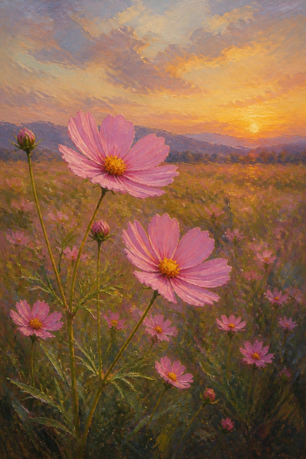 Pink cosmos flowers in a vibrant sunset field with distant mountains.