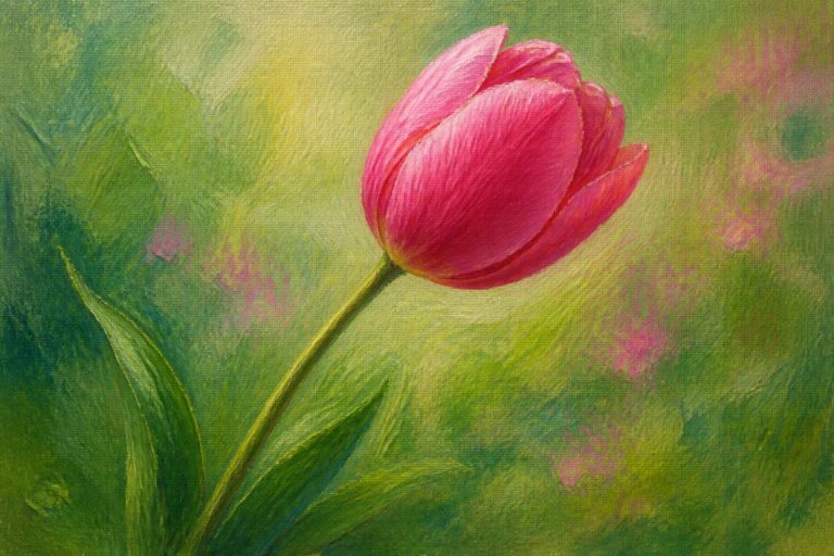 An oil painting of a vibrant pink tulip with green leaves against a soft green background.