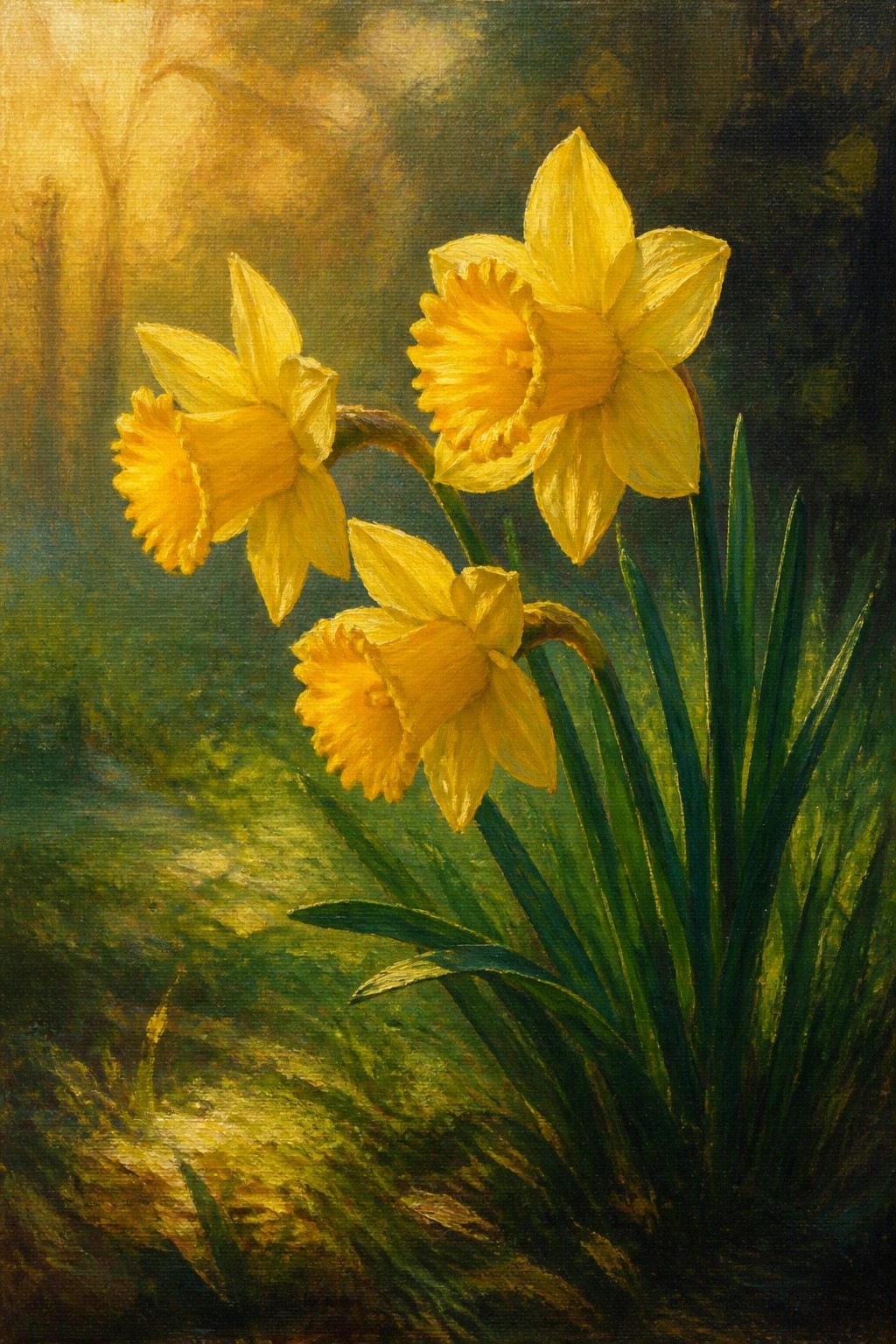 Three yellow daffodils blooming amid green leaves in a sunlit forest painting.