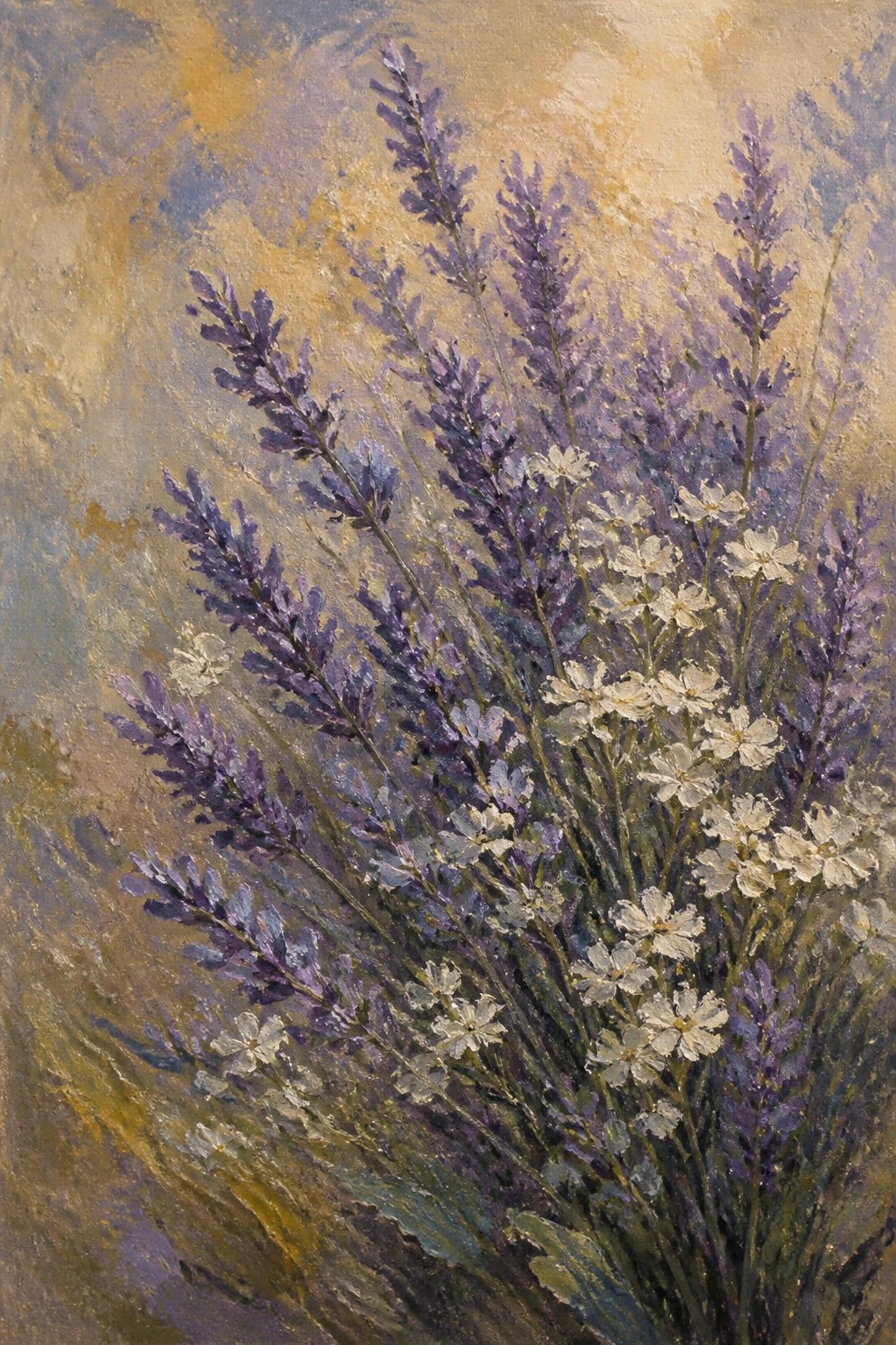 Impressionistic oil painting of purple lavender and white flowers on textured background