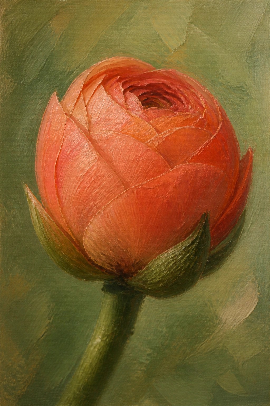 Red flower with layered petals and green leaves on stem in oil painting style.