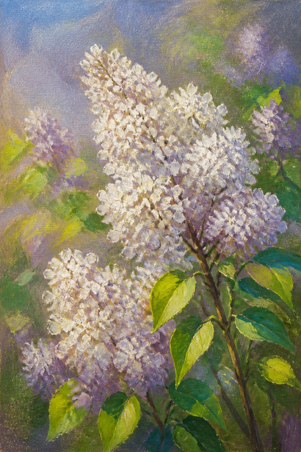 An oil painting of white and light purple lilac flowers with green leaves on a branch against a soft blurred background.