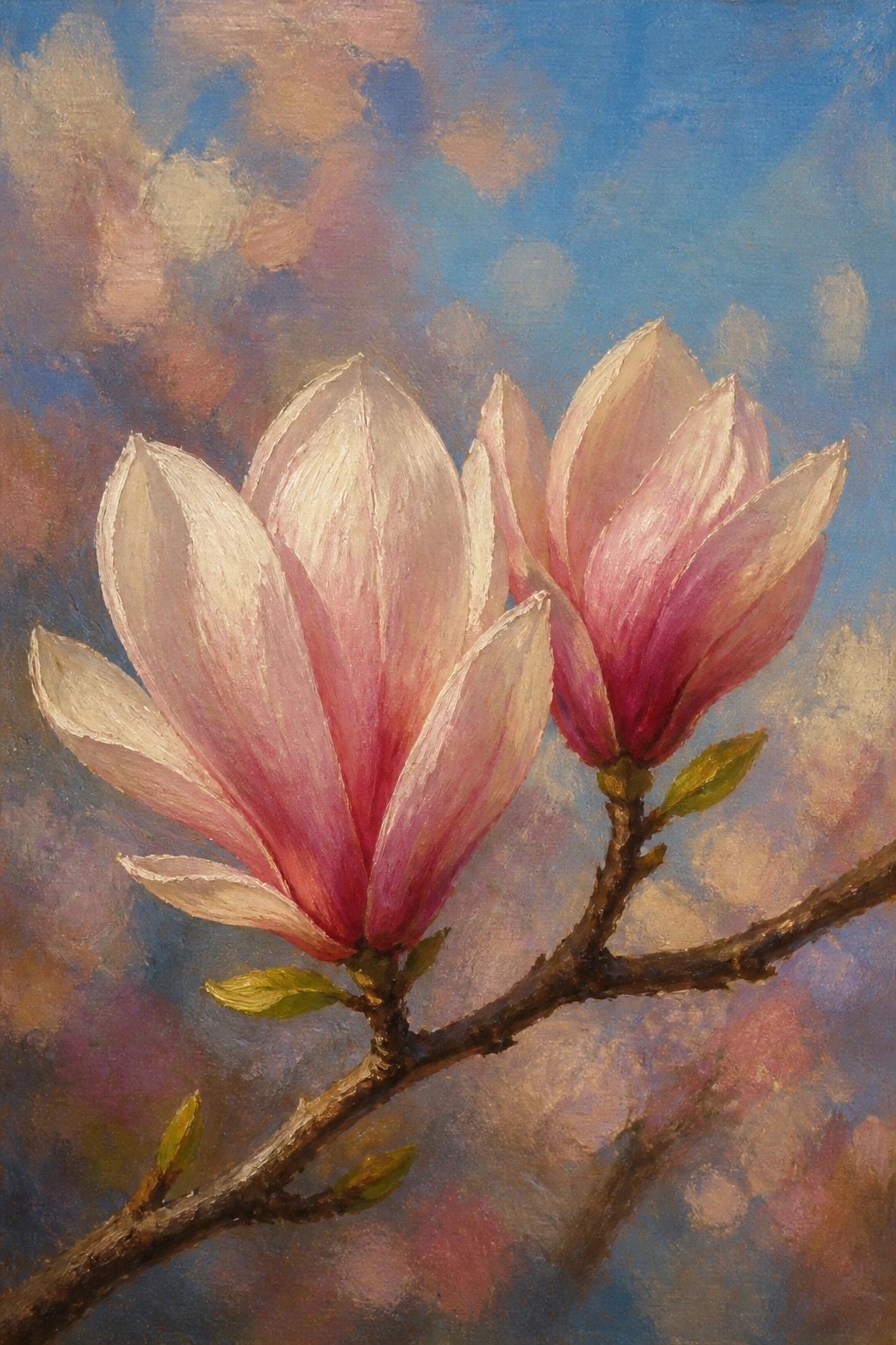 Two pink and white magnolias blooming on a branch with green buds against a soft blue-pink background.