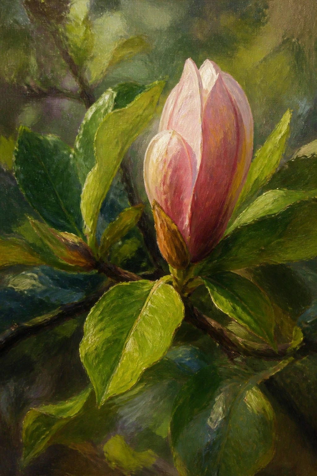 Pink magnolia bud opening amid green leaves on a tree branch