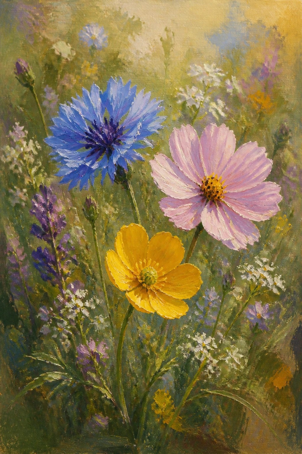 Vibrant oil painting of blue cornflower, pink cosmos, and yellow wildflower in meadow