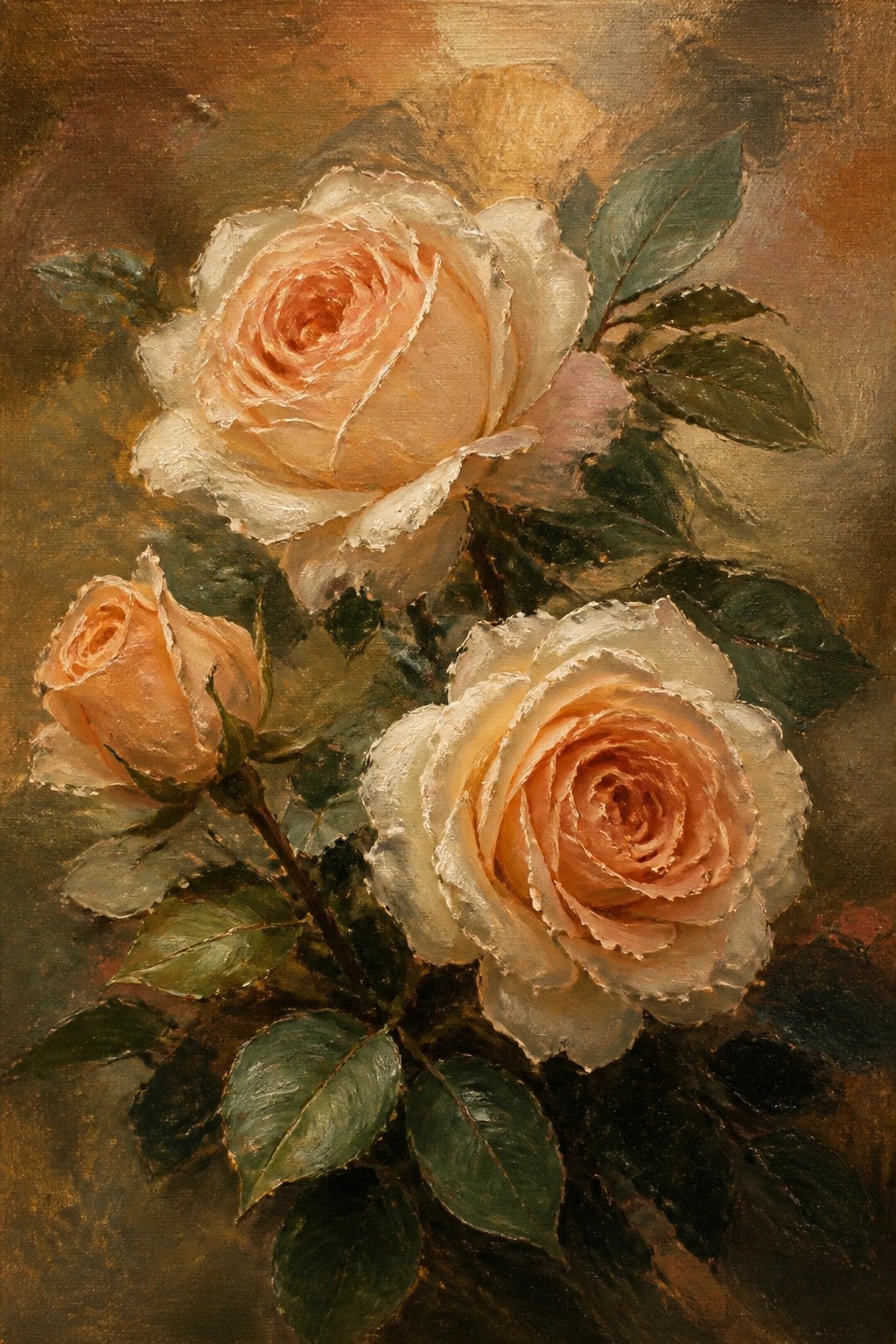 Three peach and white roses with green leaves on a dark background