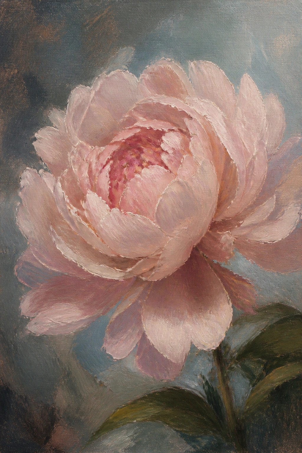 Large pink peony with layered soft petals and green leaves on dark background