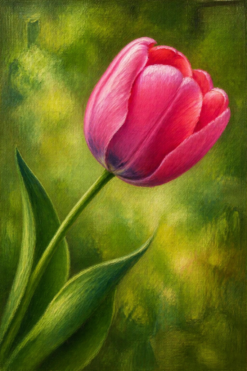 An oil painting of a vibrant pink tulip with green leaves against a soft green background.