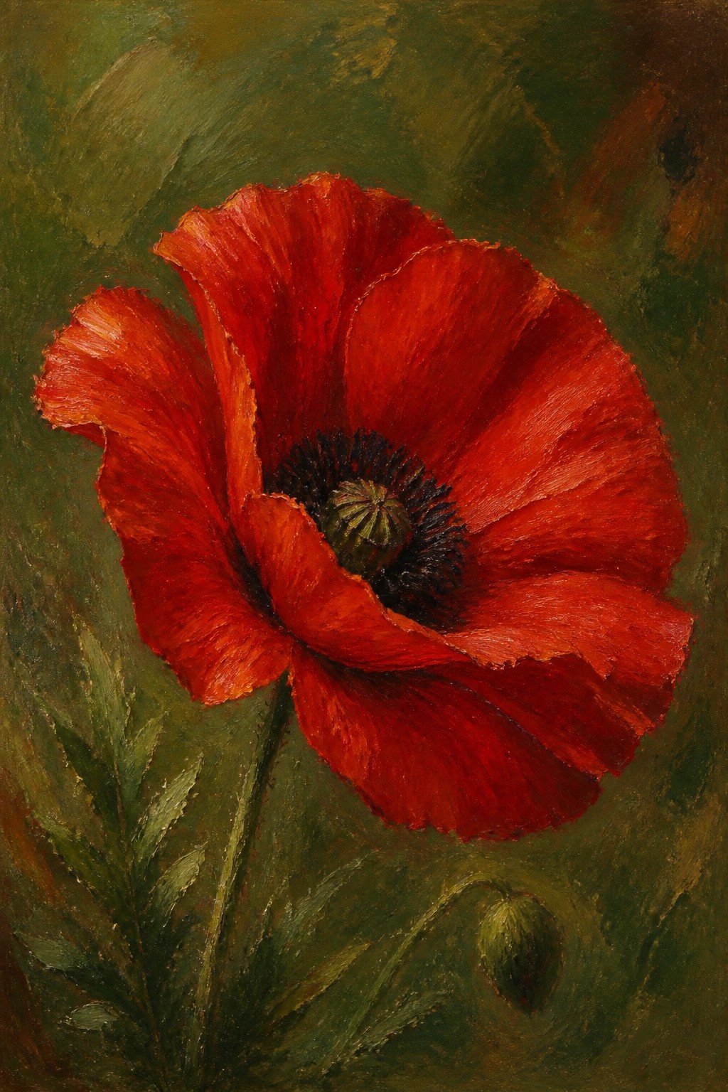 An oil painting of a large red poppy with layered petals and a dark center against a muted green background, with leaves and a bud visible below.