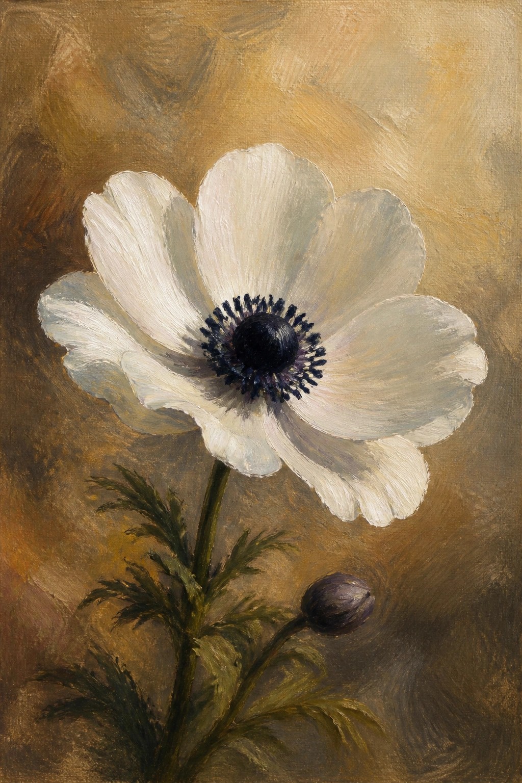 An oil painting of a white flower with a dark center, green stem, leaves, and a small bud against a textured brown background.
