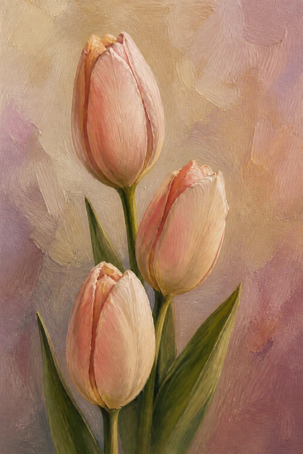 Three pink tulips with green stems and leaves on soft pastel background