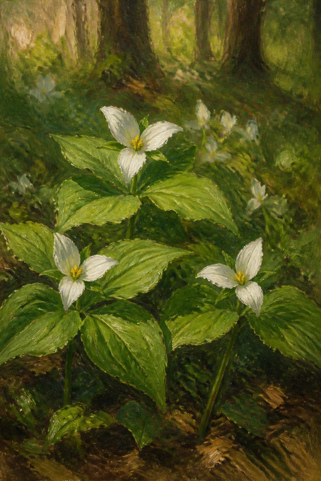 White three-petaled wildflowers with green leaves in a forest glade
