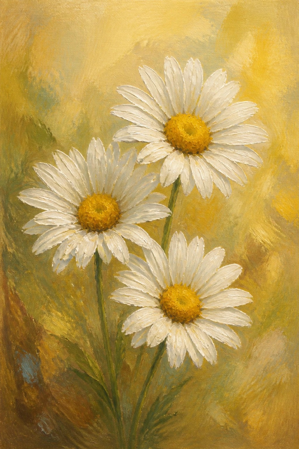 Three white daisies with yellow centers on green stems against golden background