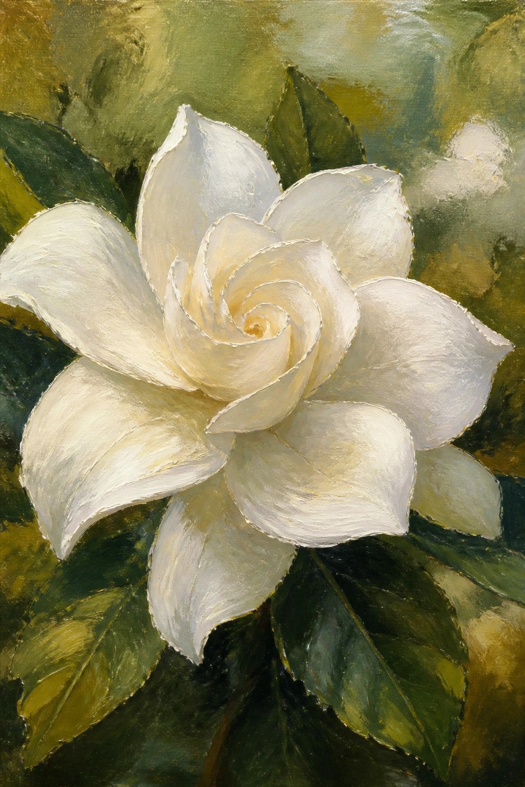 White gardenia with layered petals amid dark green leaves in oil painting.