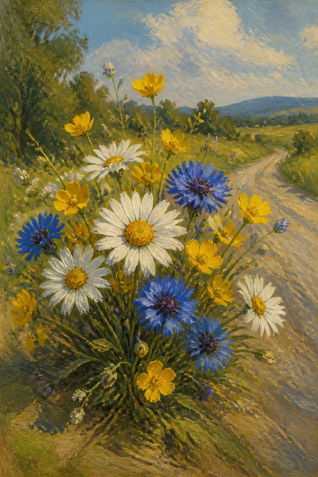 White daisies, blue cornflowers, and yellow blooms by a rural path.