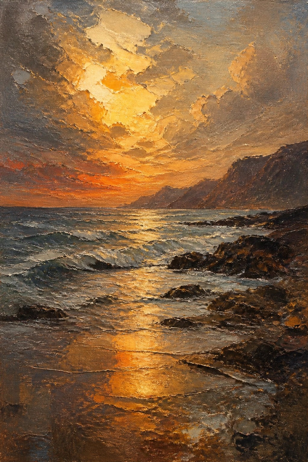 Golden sunset reflecting on waves crashing against rocky shoreline with distant mountains