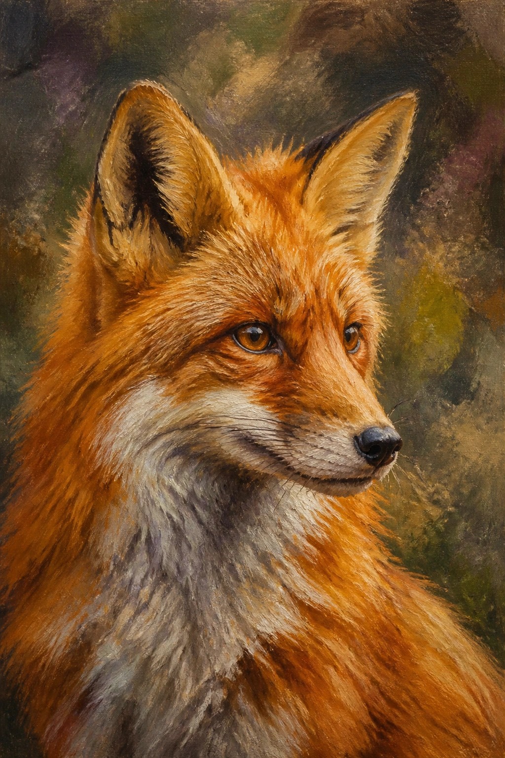 A realistic oil painting of a red fox head and neck in profile view with detailed orange fur, white chest, and a dark blended background.
