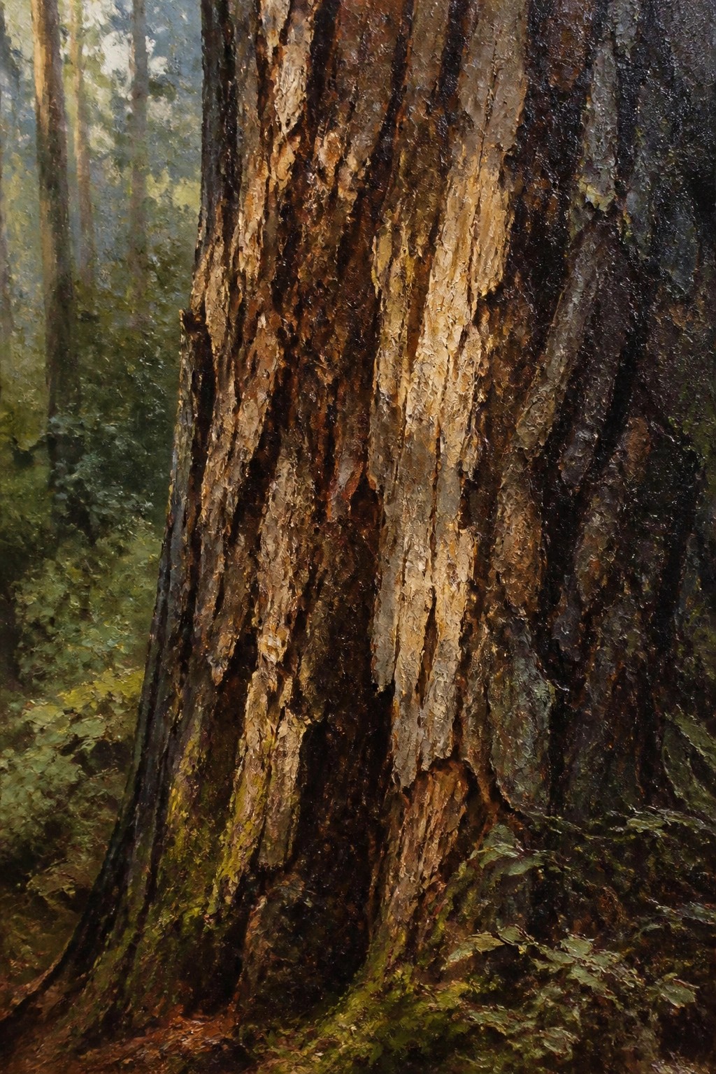 Close-up of rugged tree trunk with textured brown bark in misty forest
