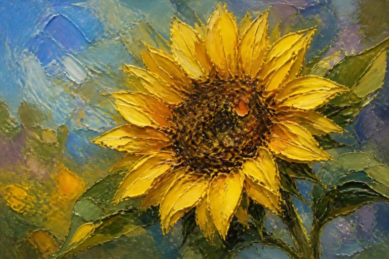 Impasto oil painting of a large yellow sunflower with brown center and green leaves