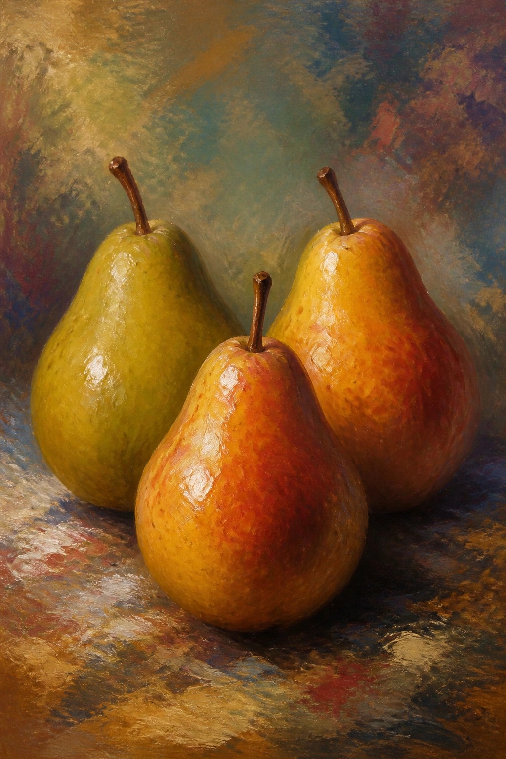 Three glossy pears, one green and two orange, with stems on textured surface.