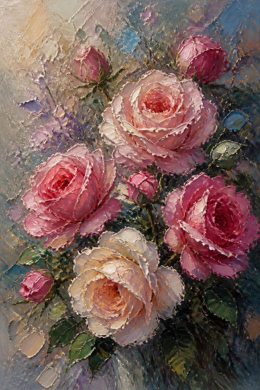 An oil painting of pink and white roses with thick visible brushstrokes and layered petals against a muted abstract background.